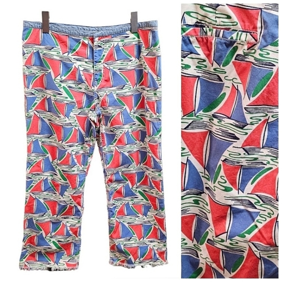 Tommy Hilfiger Summer Sailboat Print Coastal Grandma Cropped Frayed Hem Pants 12 - Picture 1 of 11